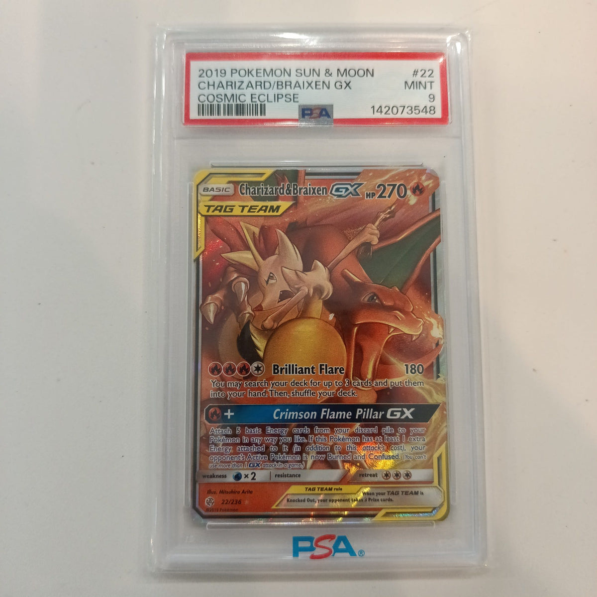 2019 Pokemon Company Sun & Moon Cosmic Eclipse Charizard & Braixen GX #22 PSA 9