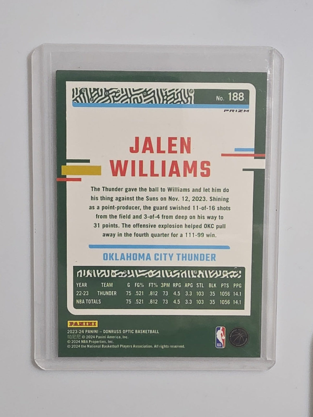 2023-24 Panini Donruss Optic Jalen Williams Hyper Pink #188 - view 2