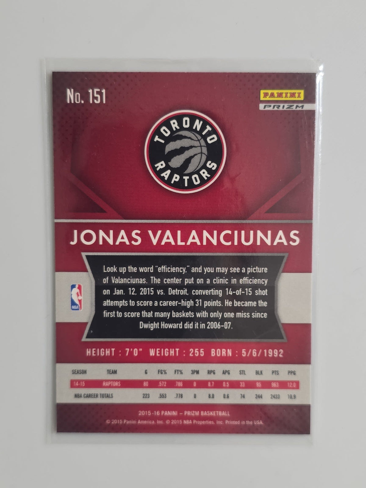 2015-16 Panini Prizm Jonas Valanciunas Red White Blue Wave #151 - view 2