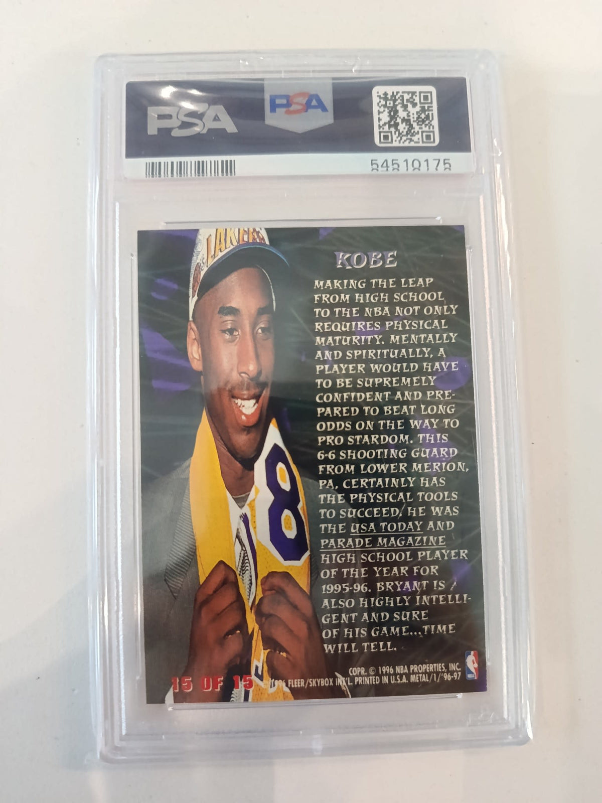 1996 Fleer Metal Edge Kobe Bryant #15 PSA 8 - view 2