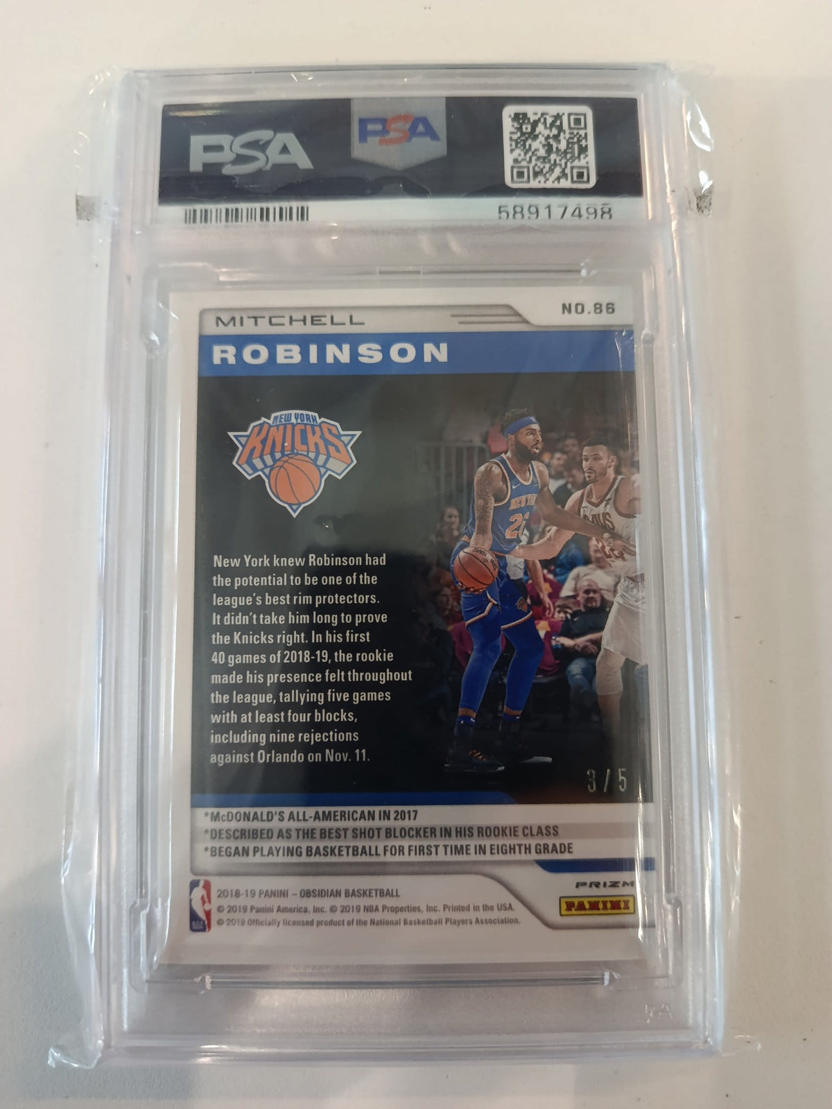 2018 Panini Obsidian Mitchell Robinson Red #86 PSA 10 - view 2