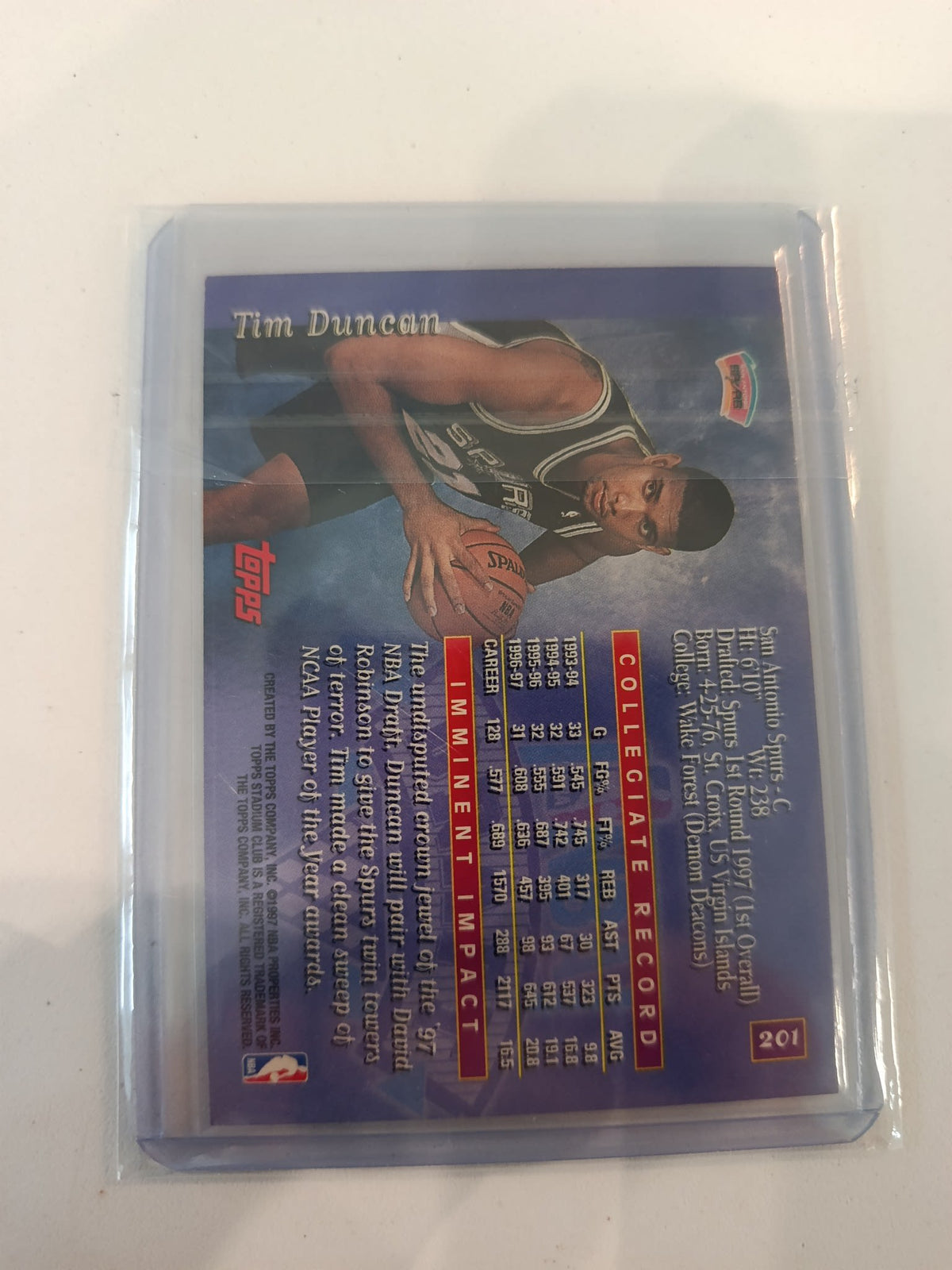 1997-98 Topps Stadium Club Imminent Impact Tim Duncan #201 - view 2