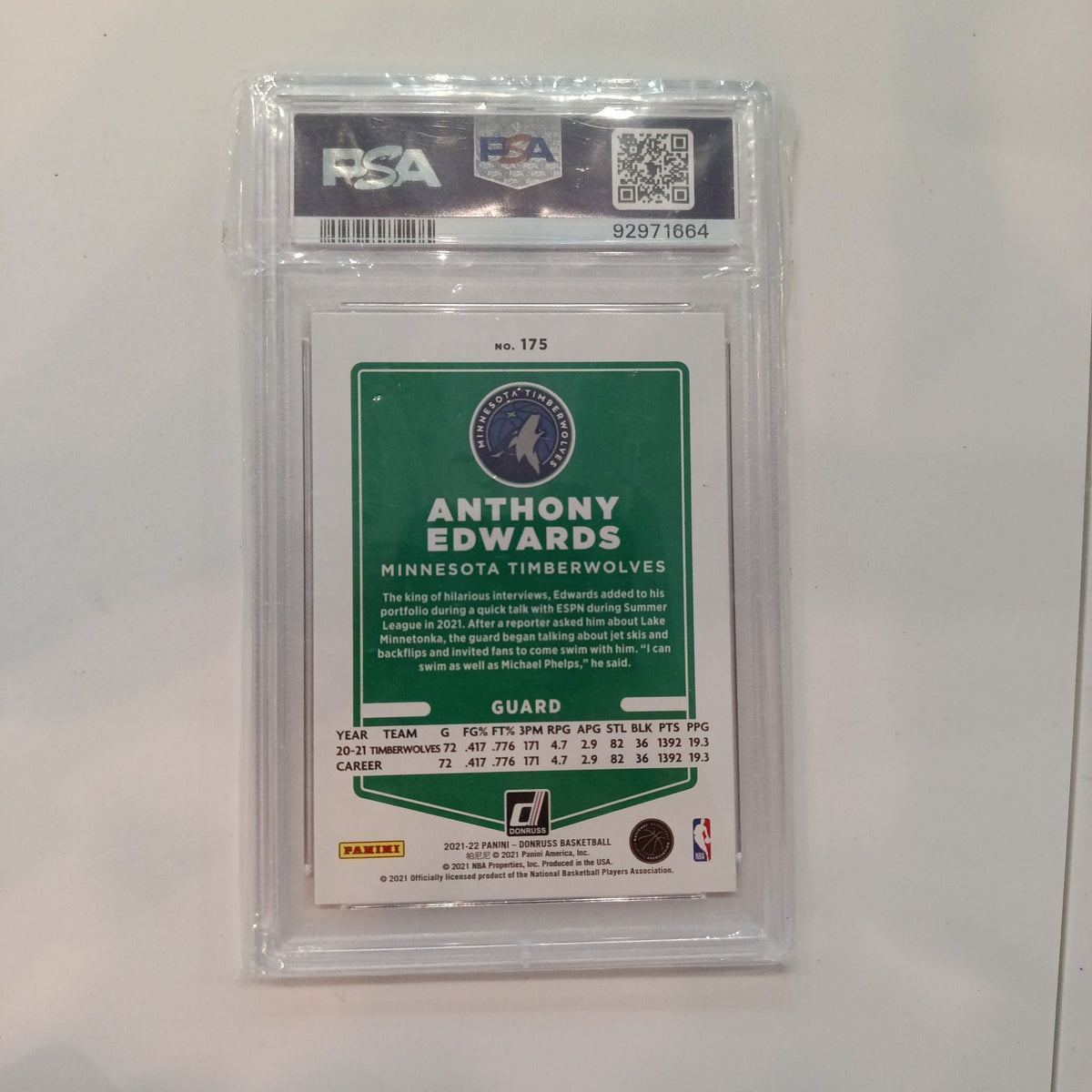 2021 Panini Donruss Anthony Edwards Holo Gold Laser #175 SGC 9 - view 2