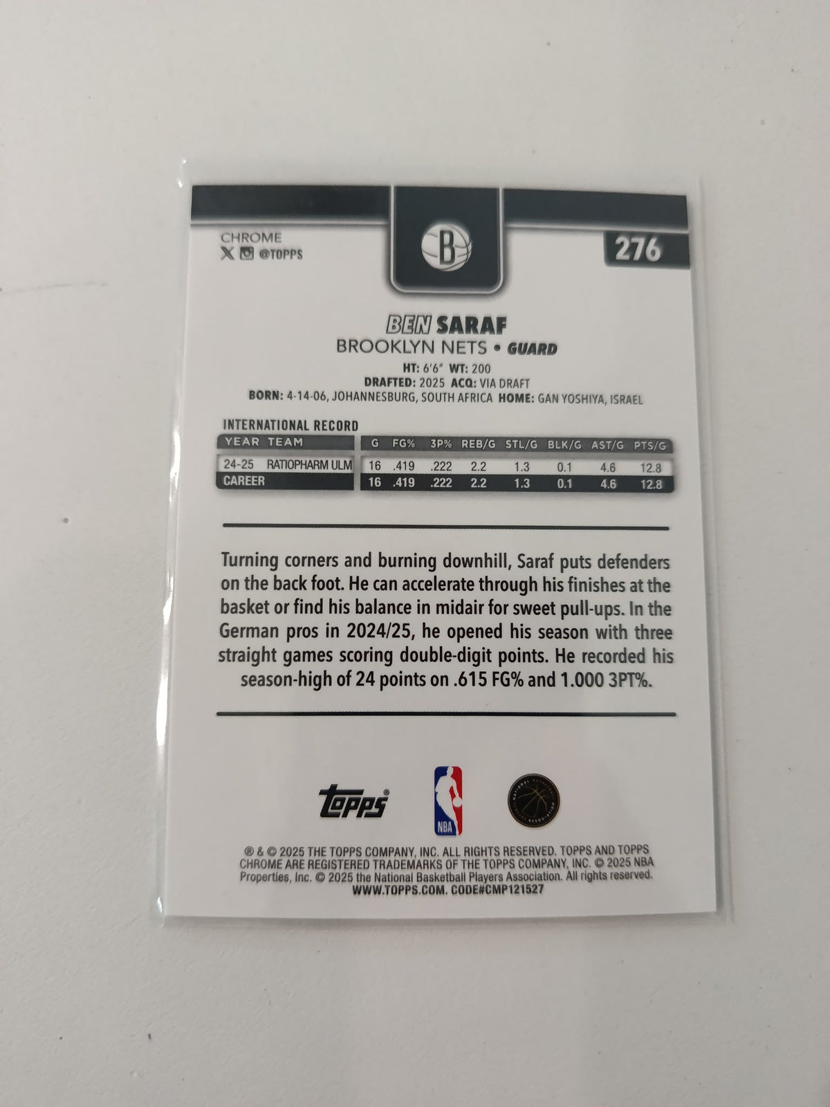 2025 Topps Ben Saraf Fast Break #276 - view 2