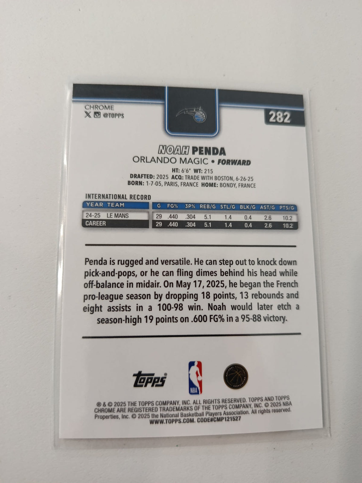 2025 Topps Chrome Magic Noah Penda Prizm #282 - view 2
