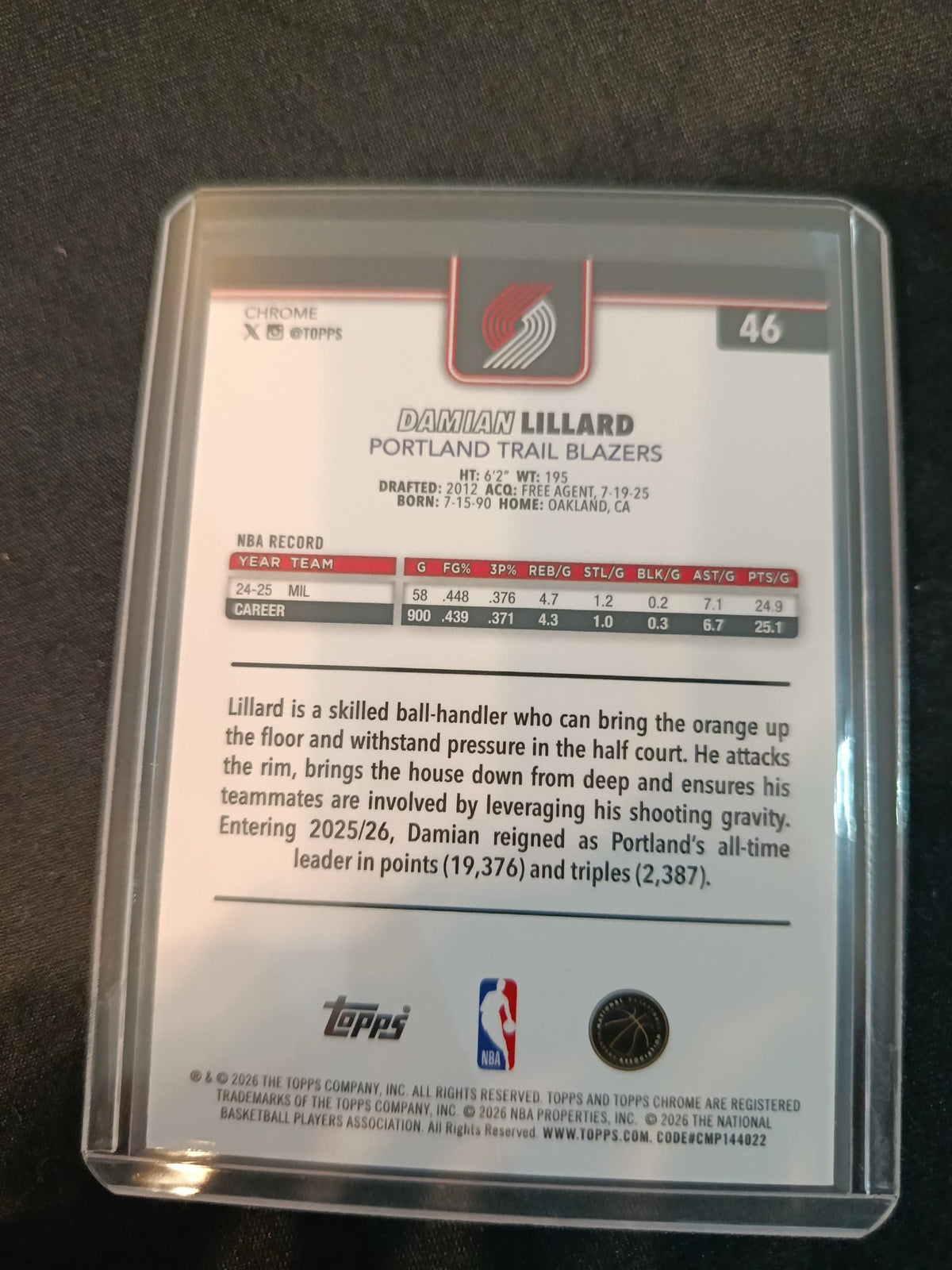 2025-26 Topps Damian Lillard Refractor #46 - view 2
