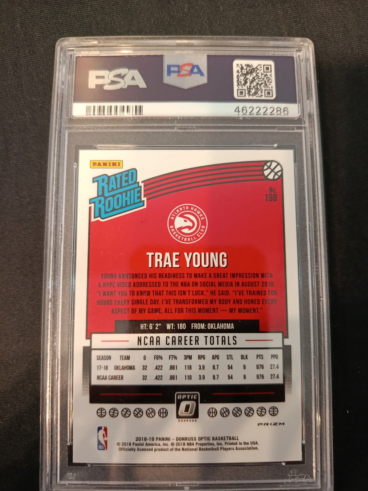 2018 Panini Donruss Optic Rated Rookie Trae Young Shock #198 PSA 10 - view 2