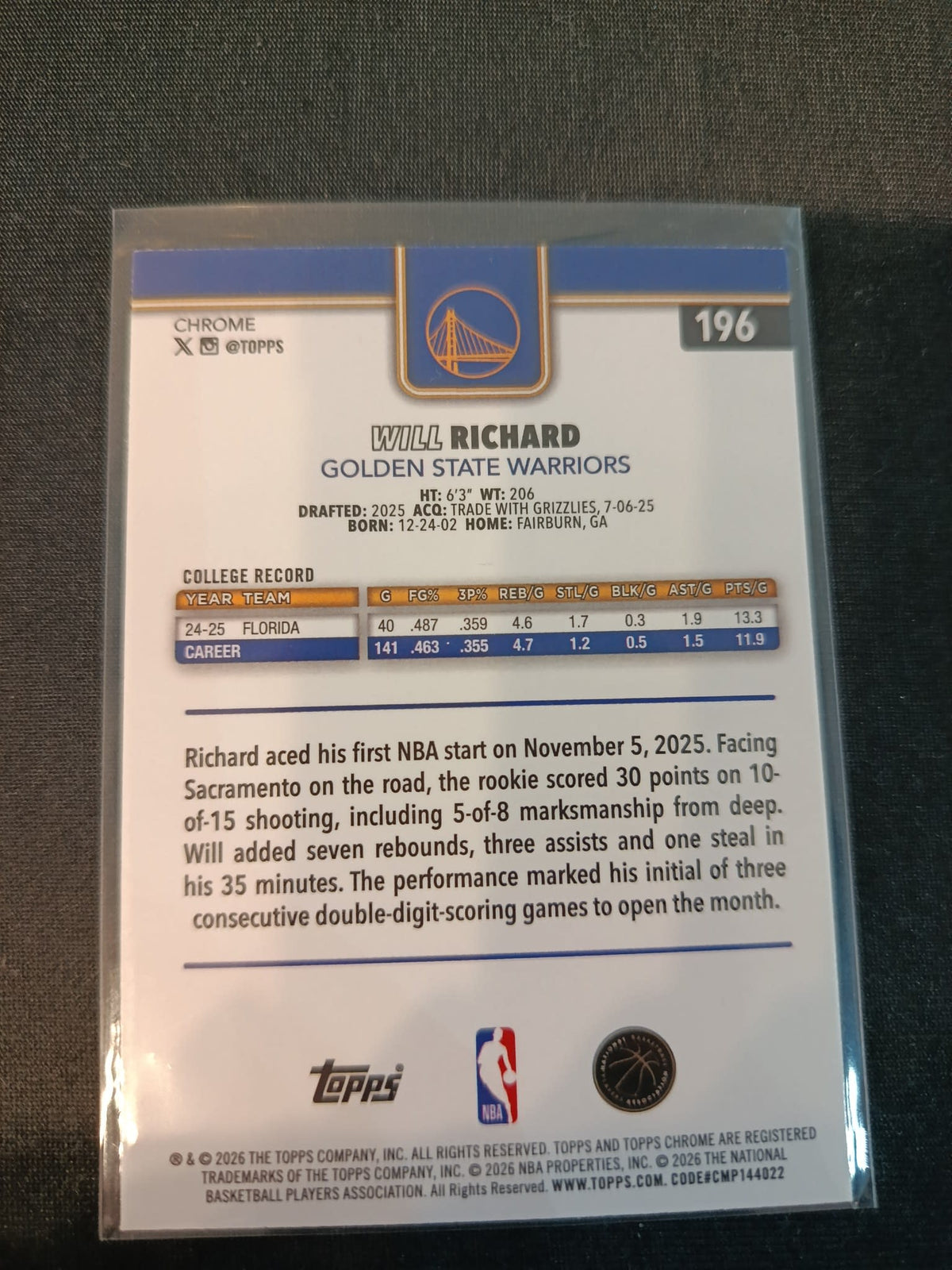 2025-26 Topps Warriors Will Richard #196 - view 2