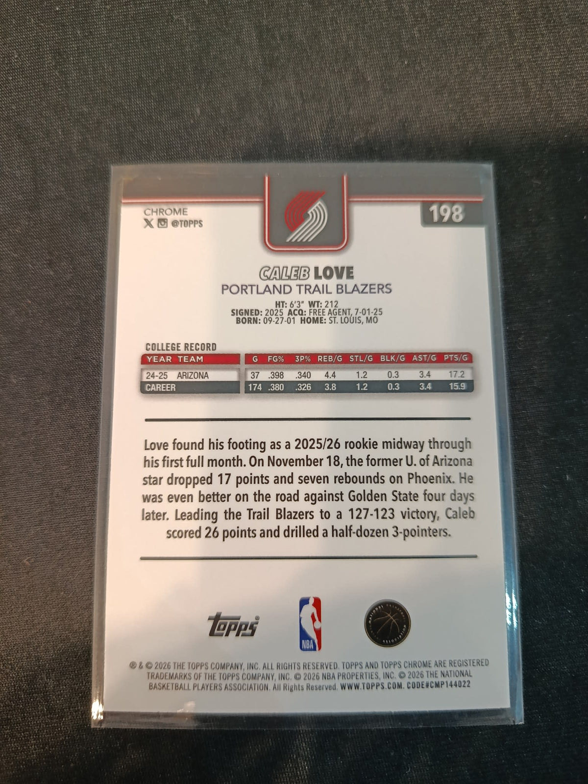 2025-26 Topps Caleb Love Cracked Ice #198 - view 2