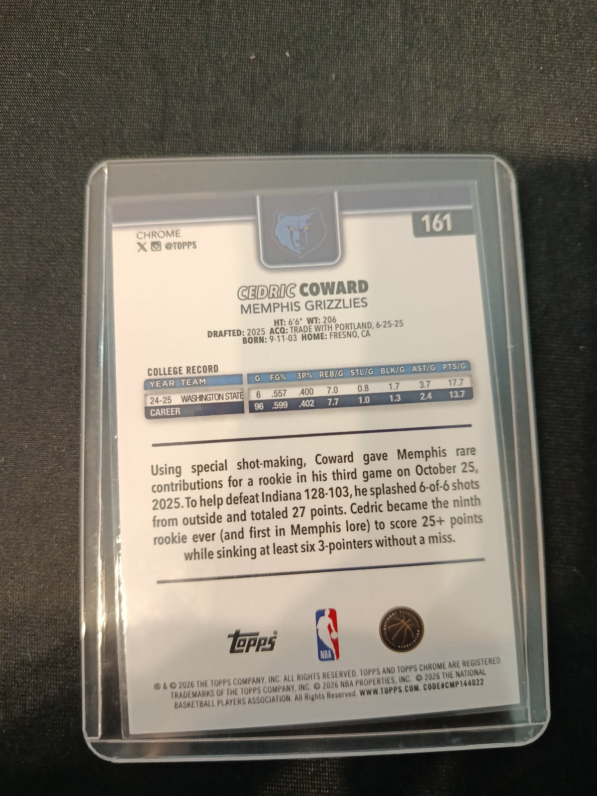 2025-26 Topps Cedric Coward #161 - view 2