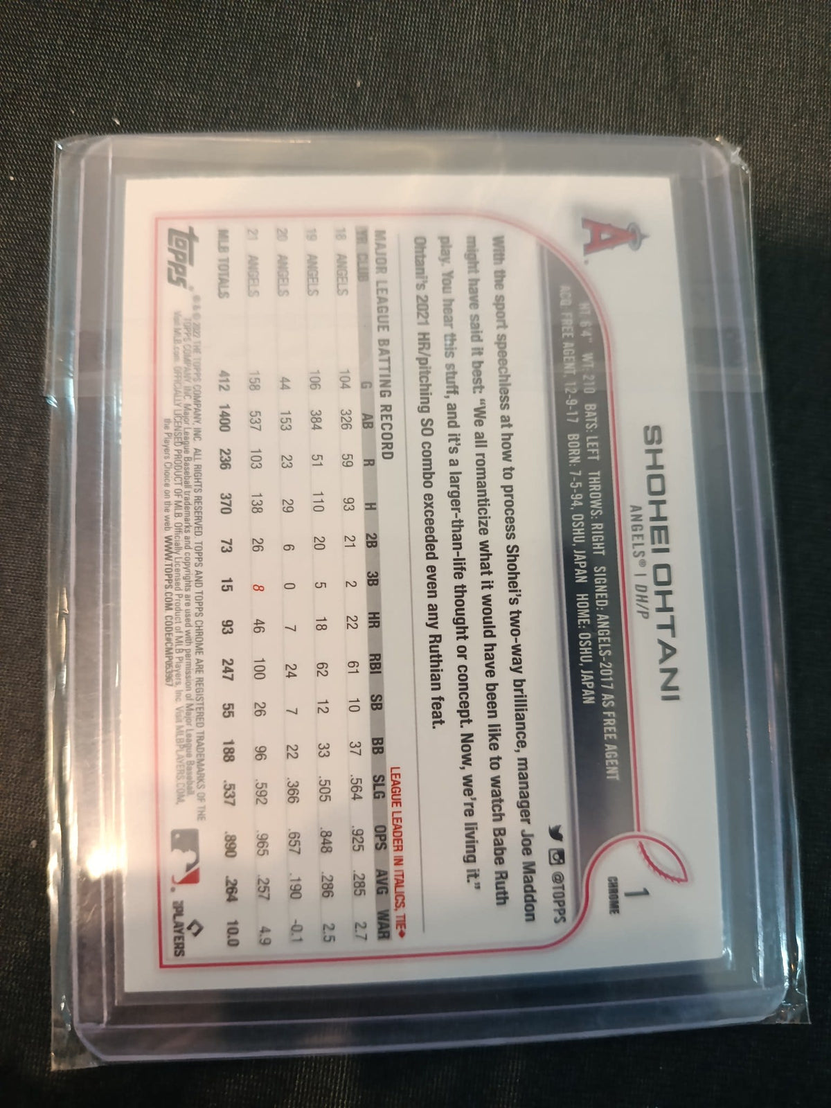 2022 Topps Shohei Ohtani #1 - view 2
