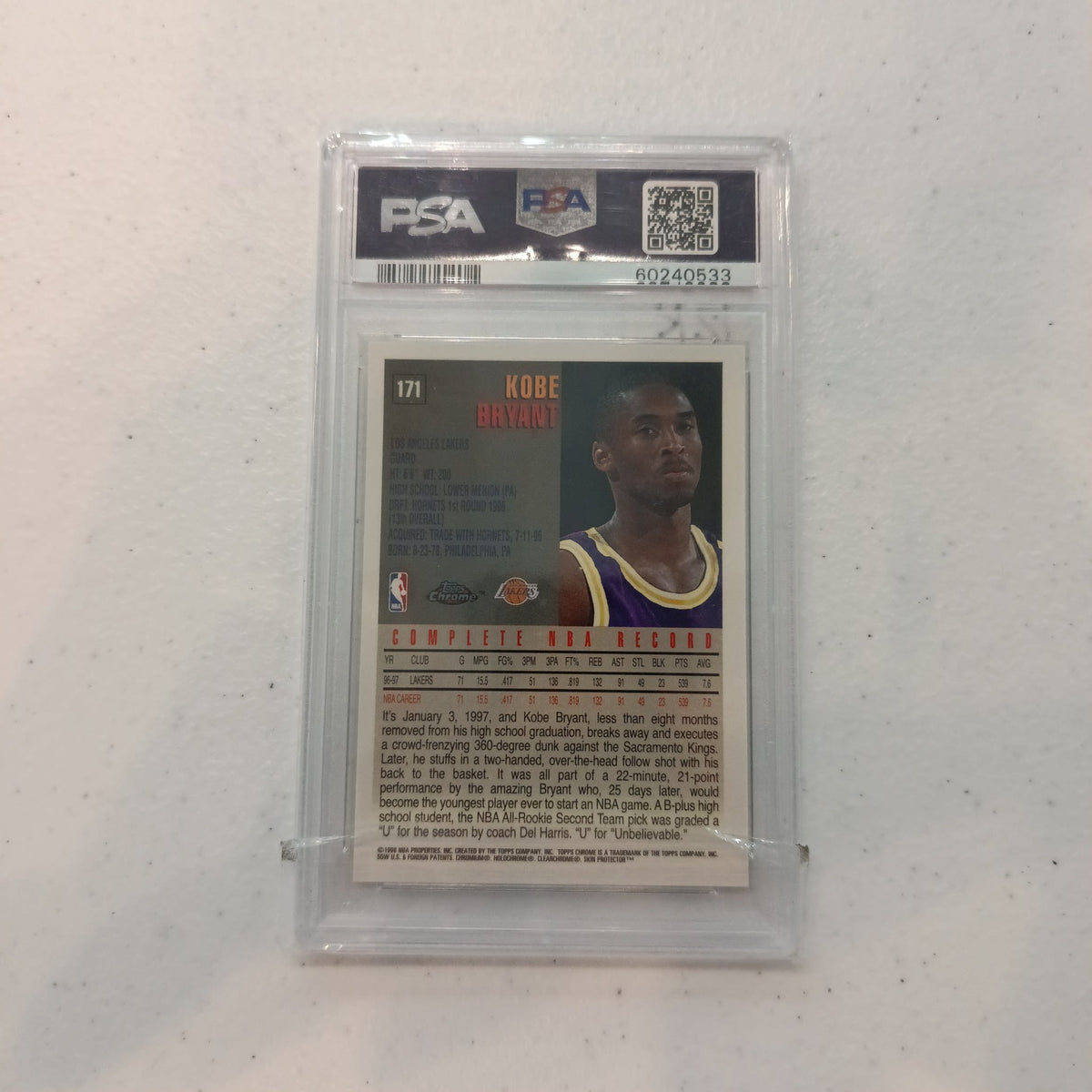 1997 Topps Kobe Bryant #171 PSA NM-MT 8 - view 2