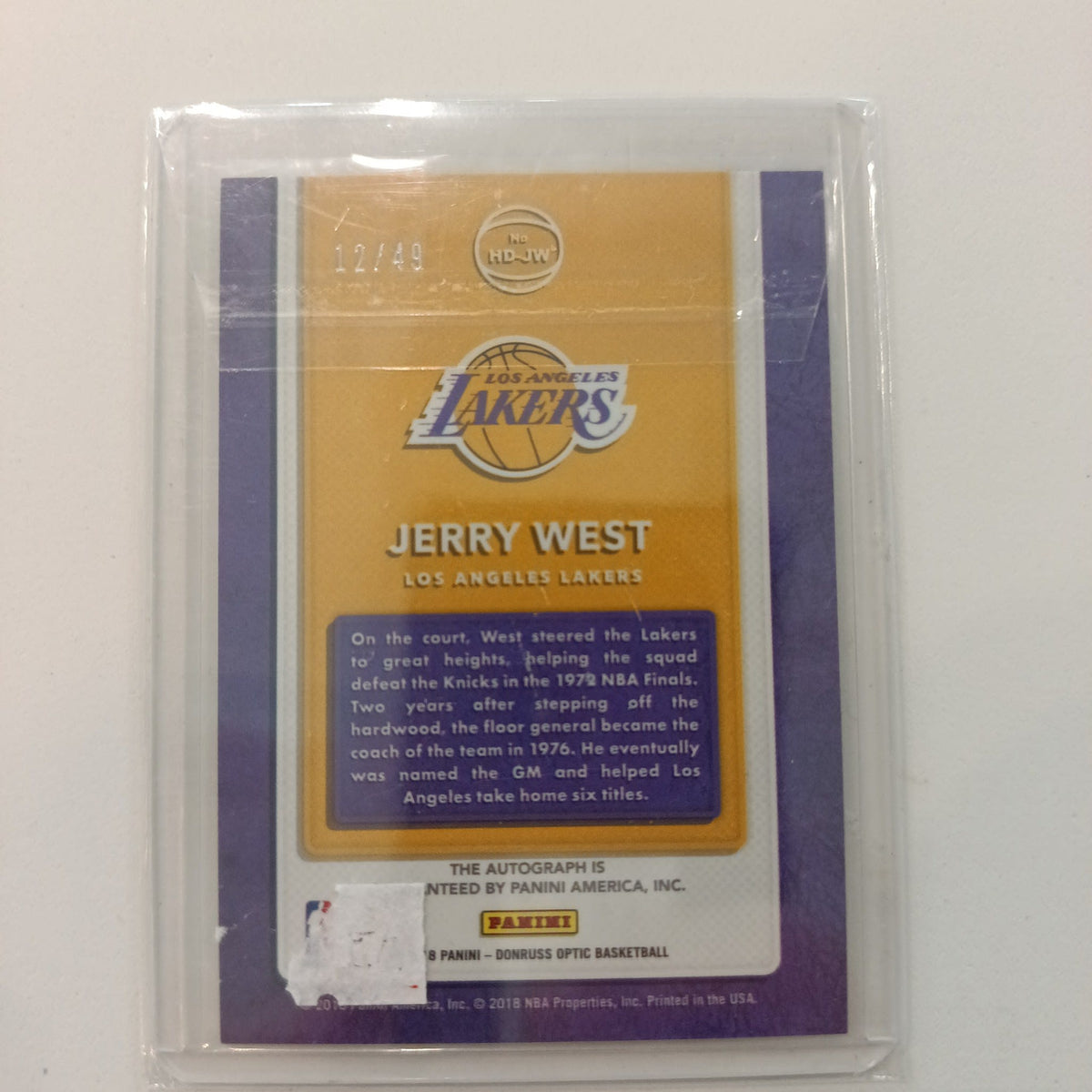 2018 Panini Donruss Optic Hall Dominator Jerry West Purple /49 #HD-JW - view 2