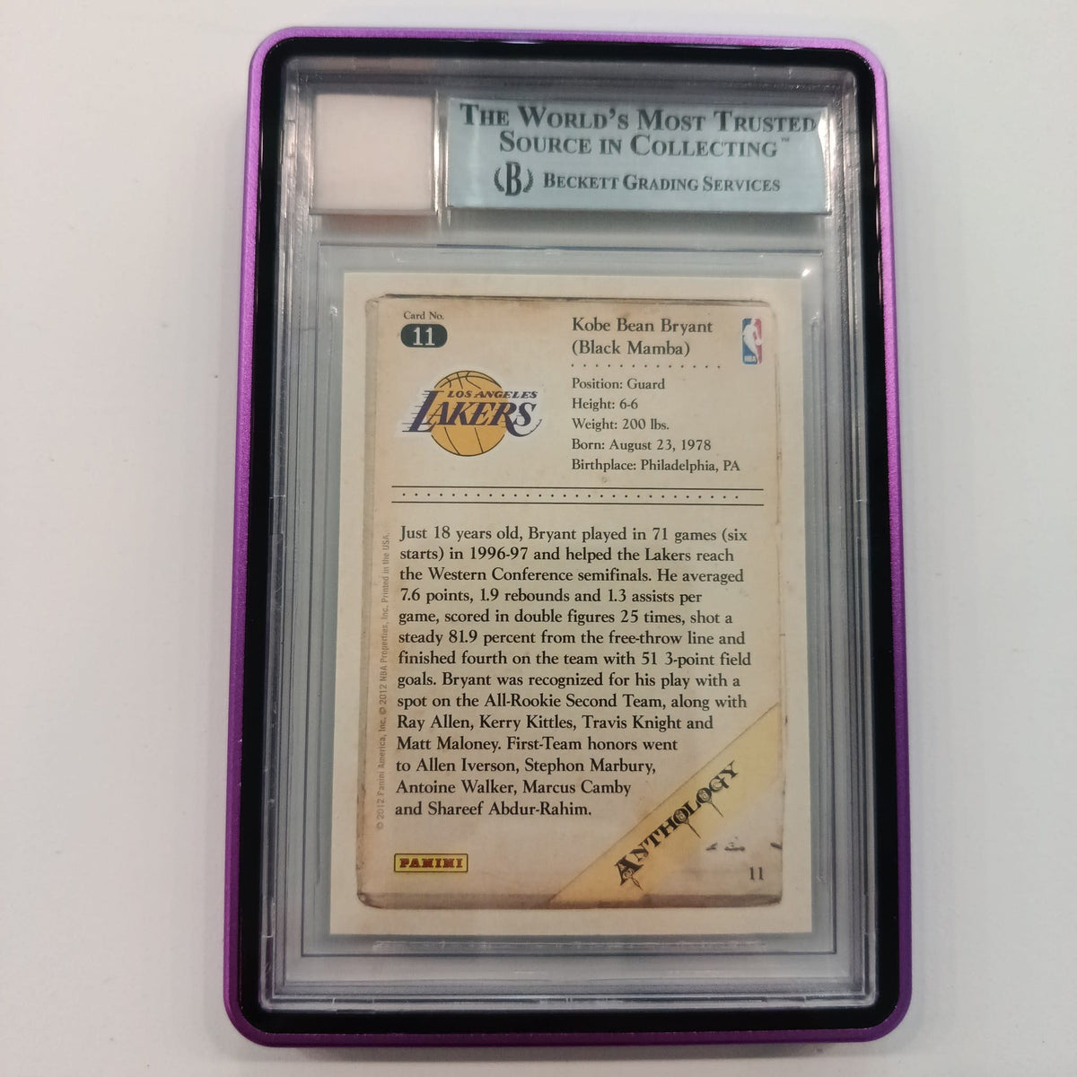 1996 Panini Kobe Bryant #11 Beckett Grading Services Cert (from label on slab) - view 2