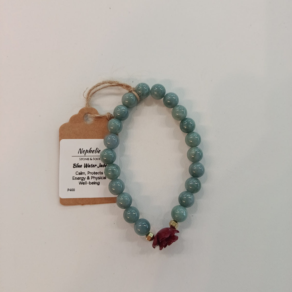 Nephelie Stone & Soul Blue Water Jade Blue Water Jade Bracelet with Red Elephant Charm