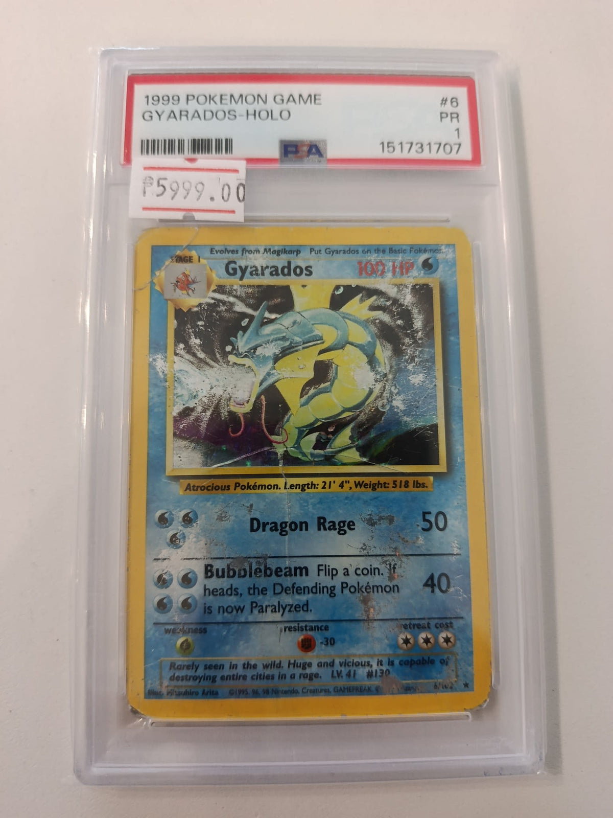 1999 The Pokemon Company Base Set Gyarados Holo #6 PSA 1