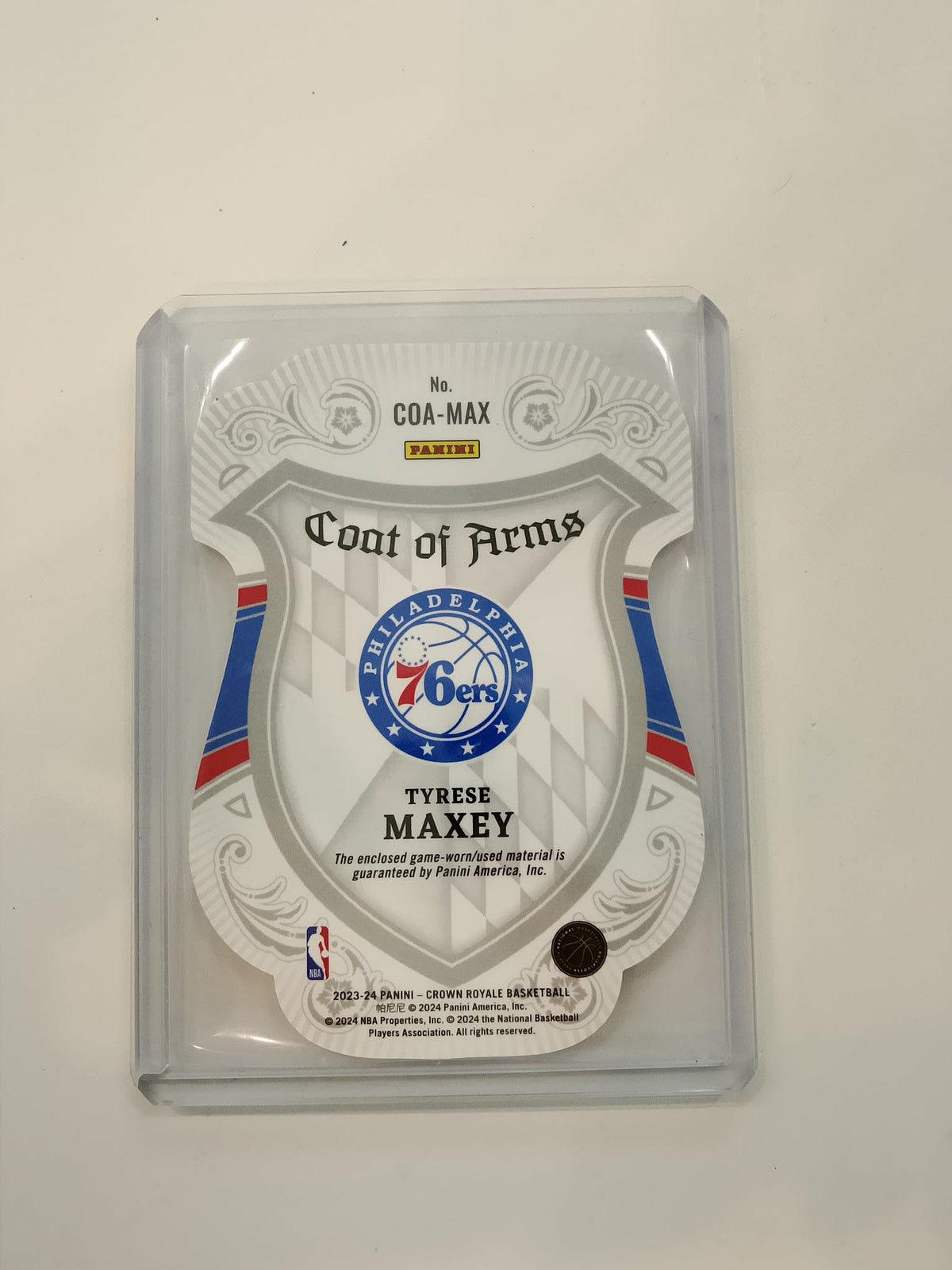 2023-24 Panini Crown Royale Coat of Arms Tyrese Maxey #COA-MAX PSA 10 - view 2