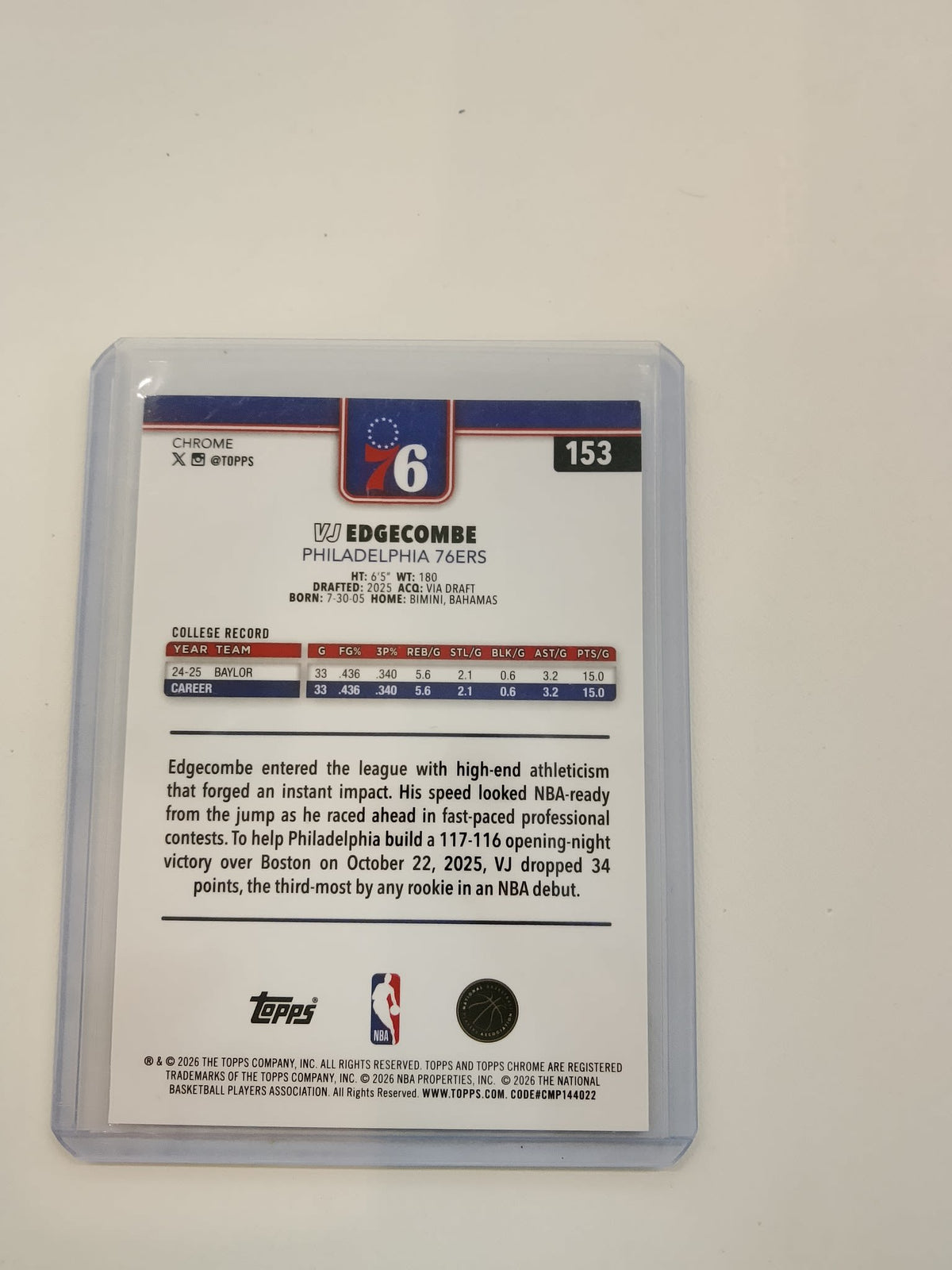 2026 Topps VJ Edgecombe #153 - view 2