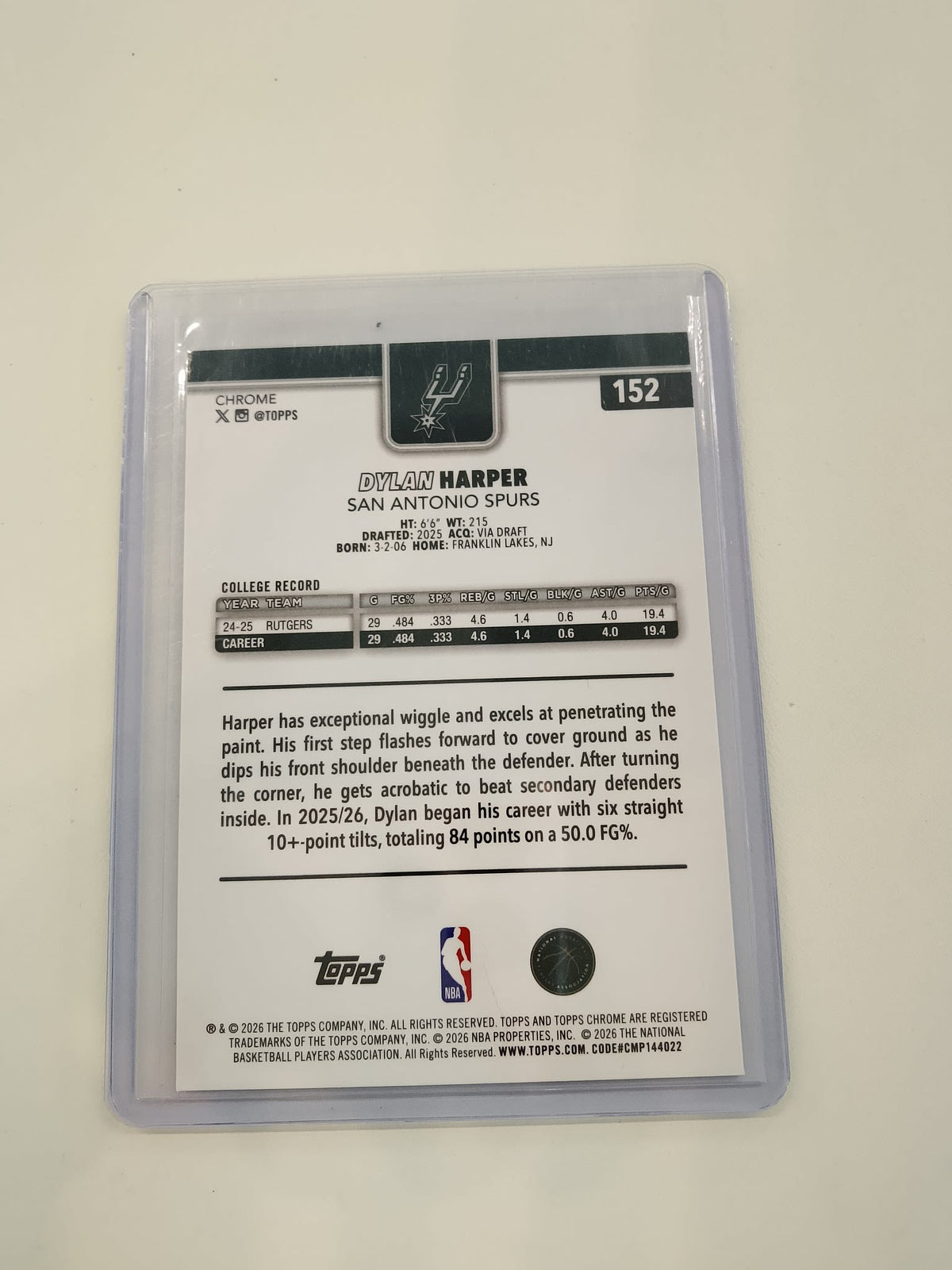 2025 Topps Dylan Harper #152 - view 2