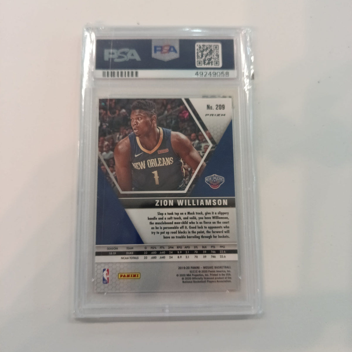 2019 Panini Mosaic Zion Williamson Silver Prizm #209 PSA MINT - view 2