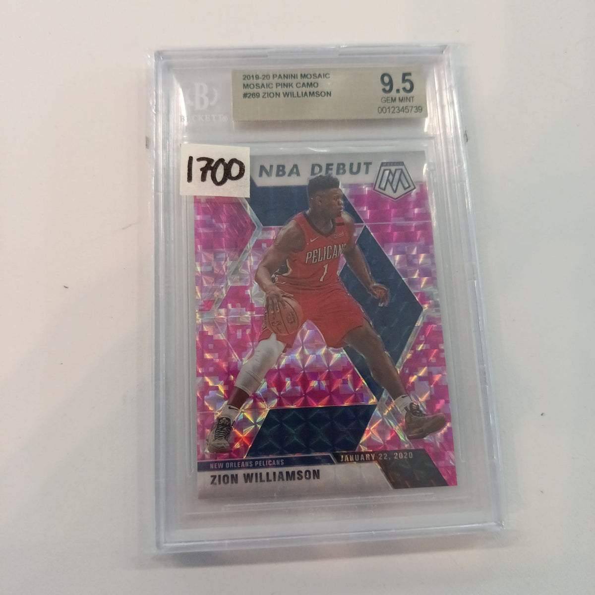 2019-20 Panini Mosaic NBA Debut Zion Williamson Mosaic Pink Camo #269 Beckett Grading Serv