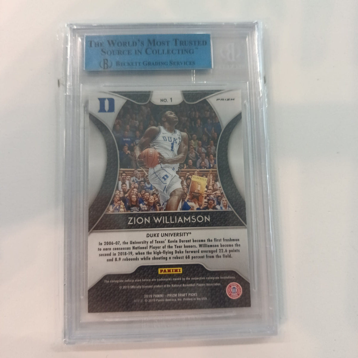 2019-20 Panini Prizm Draft Picks Zion Williamson Silver #1 Beckett Grading Services 800 - view 2