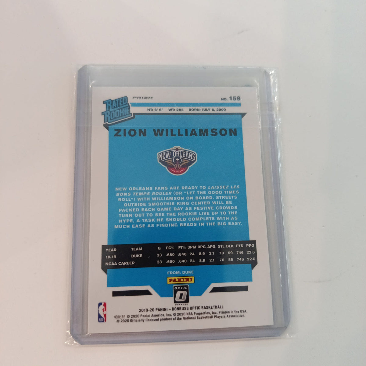 2019-20 Panini Donruss Optic Rated Rookie Zion Williamson Pink Prizm #158 - view 2