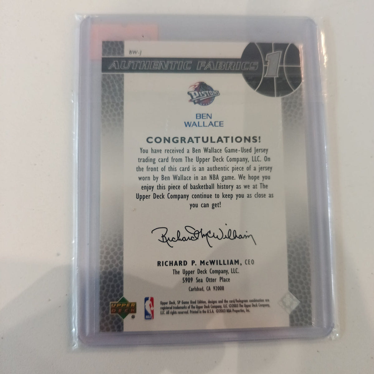 2003-04 Upper Deck SP Game Used Edition Authentic Fabrics Ben Wallace #BW-J - view 2