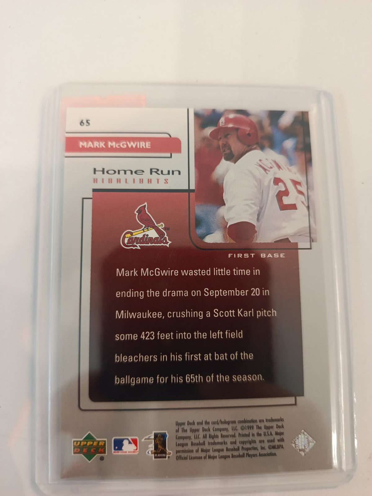 1999 Upper Deck Home Run Highlights Mark McGwire #65 - view 2