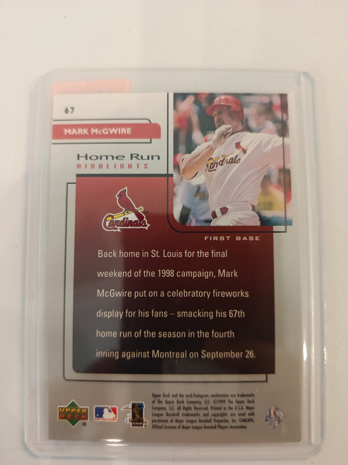 1999 Upper Deck Home Run Highlights Mark McGwire #67 - view 2