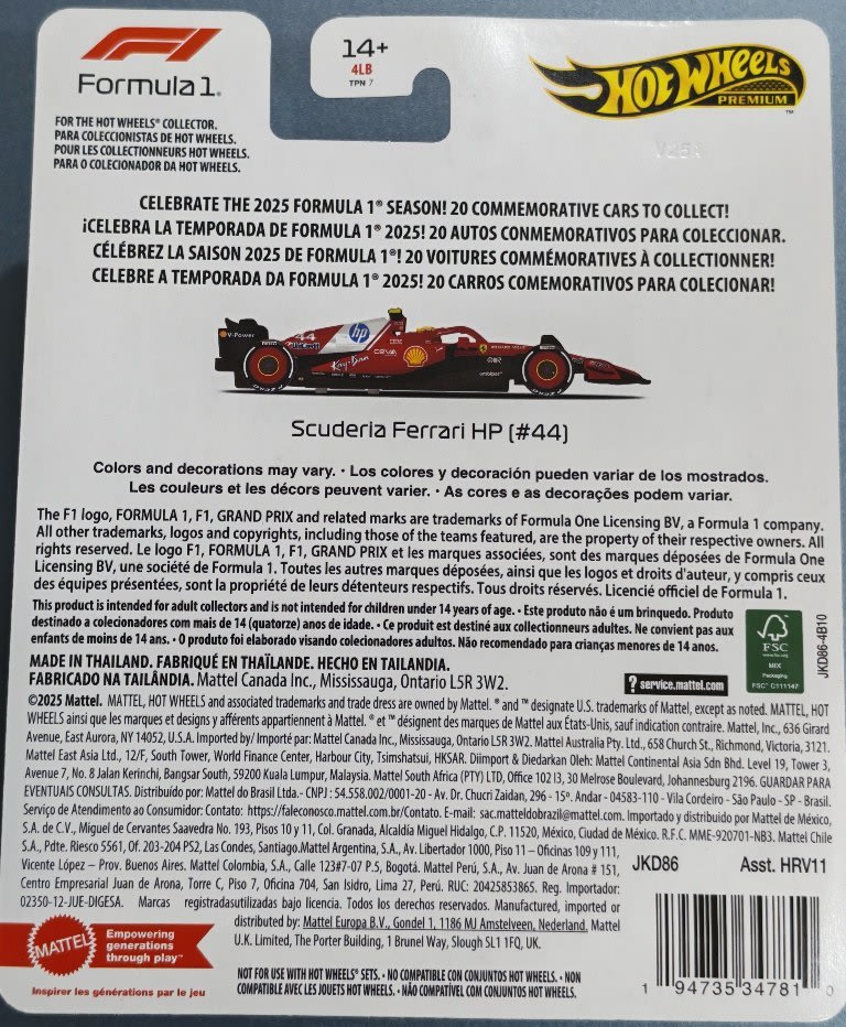 2025 Hot Wheels Hot Wheels Premium Formula 1 Scuderia Ferrari HP #44 #44