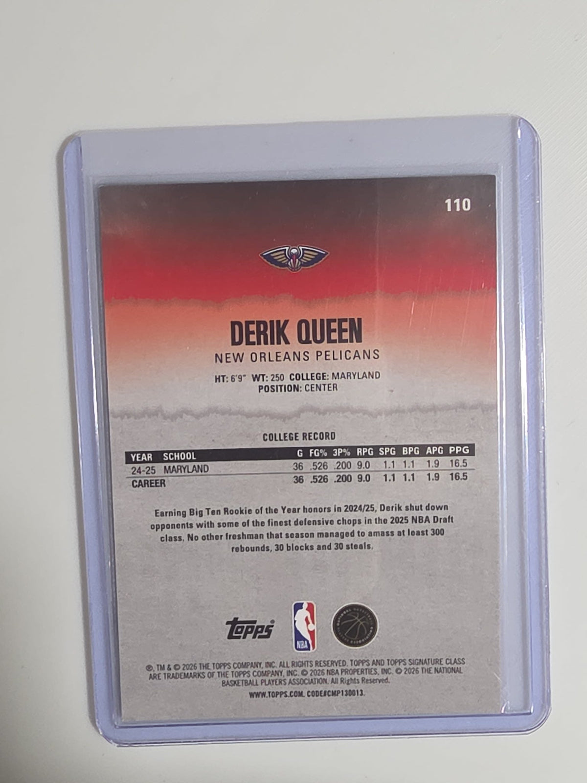 2025-26 Topps Round 1 Pick Derik Queen Pink /75 #110 - view 2