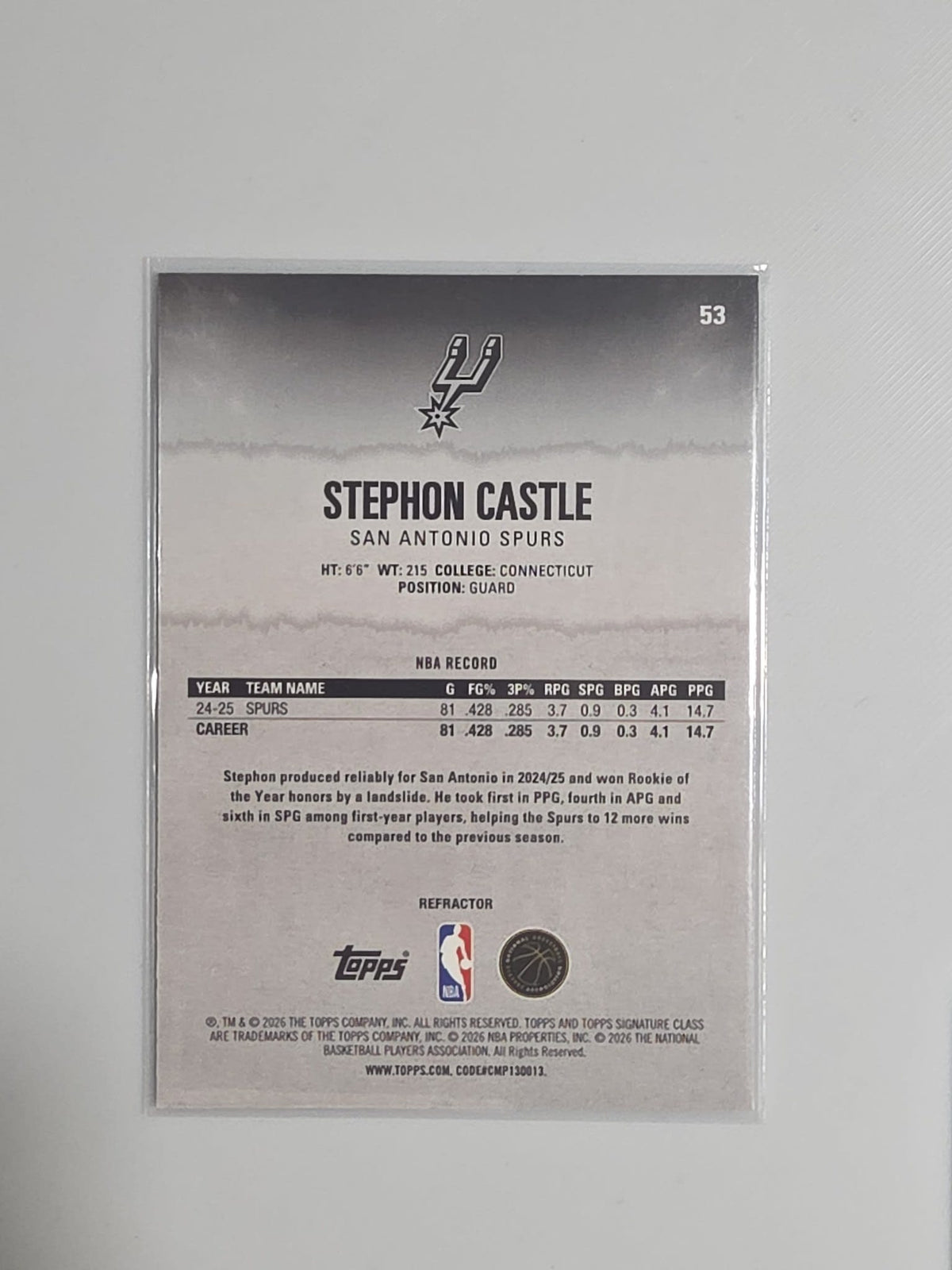 2025-26 Topps Round 1 Pick 4 Stephon Castle Refractor #53 - view 2