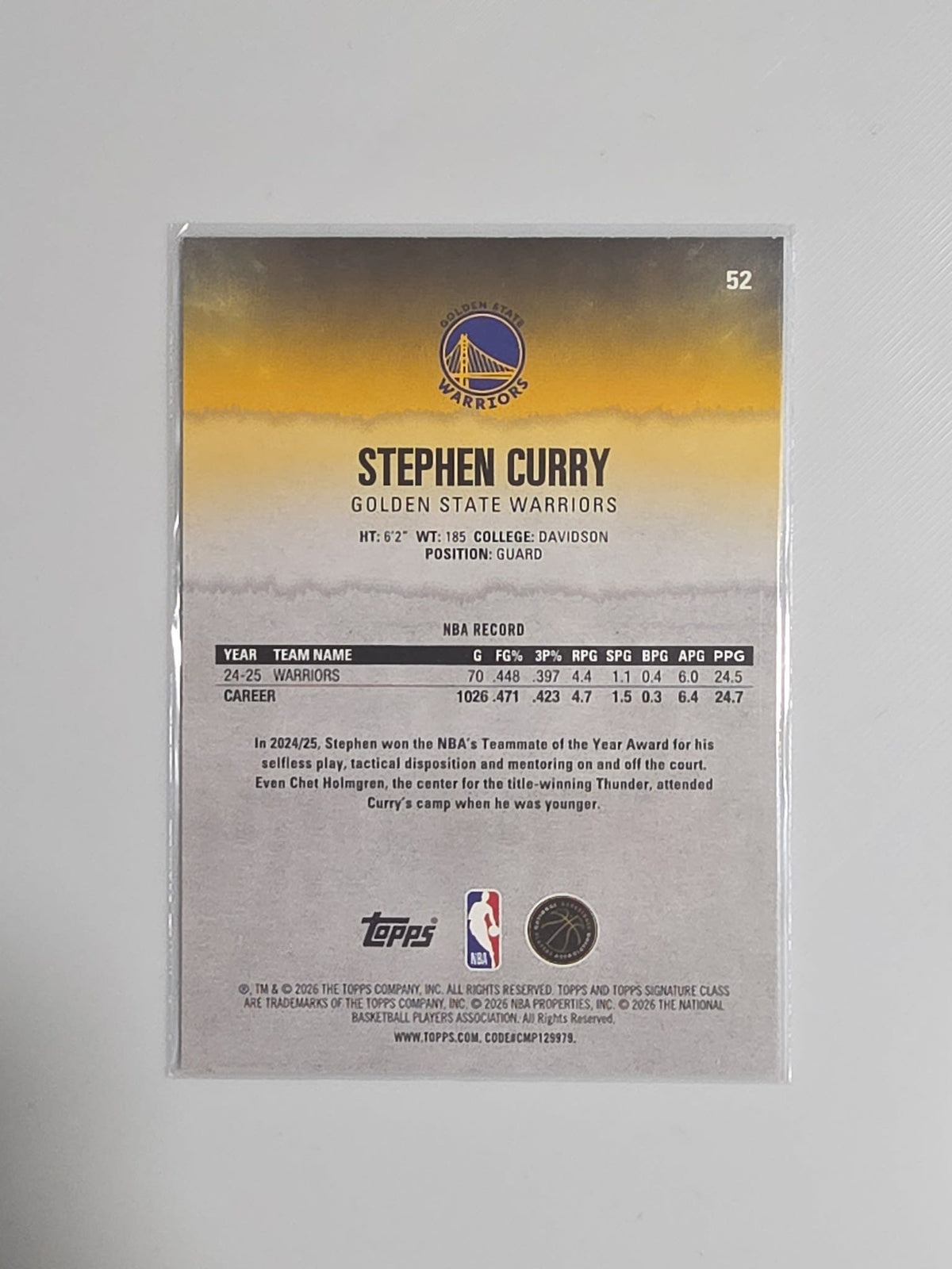 2025-26 Topps Round 1 Pick 7 Stephen Curry #52 - view 2