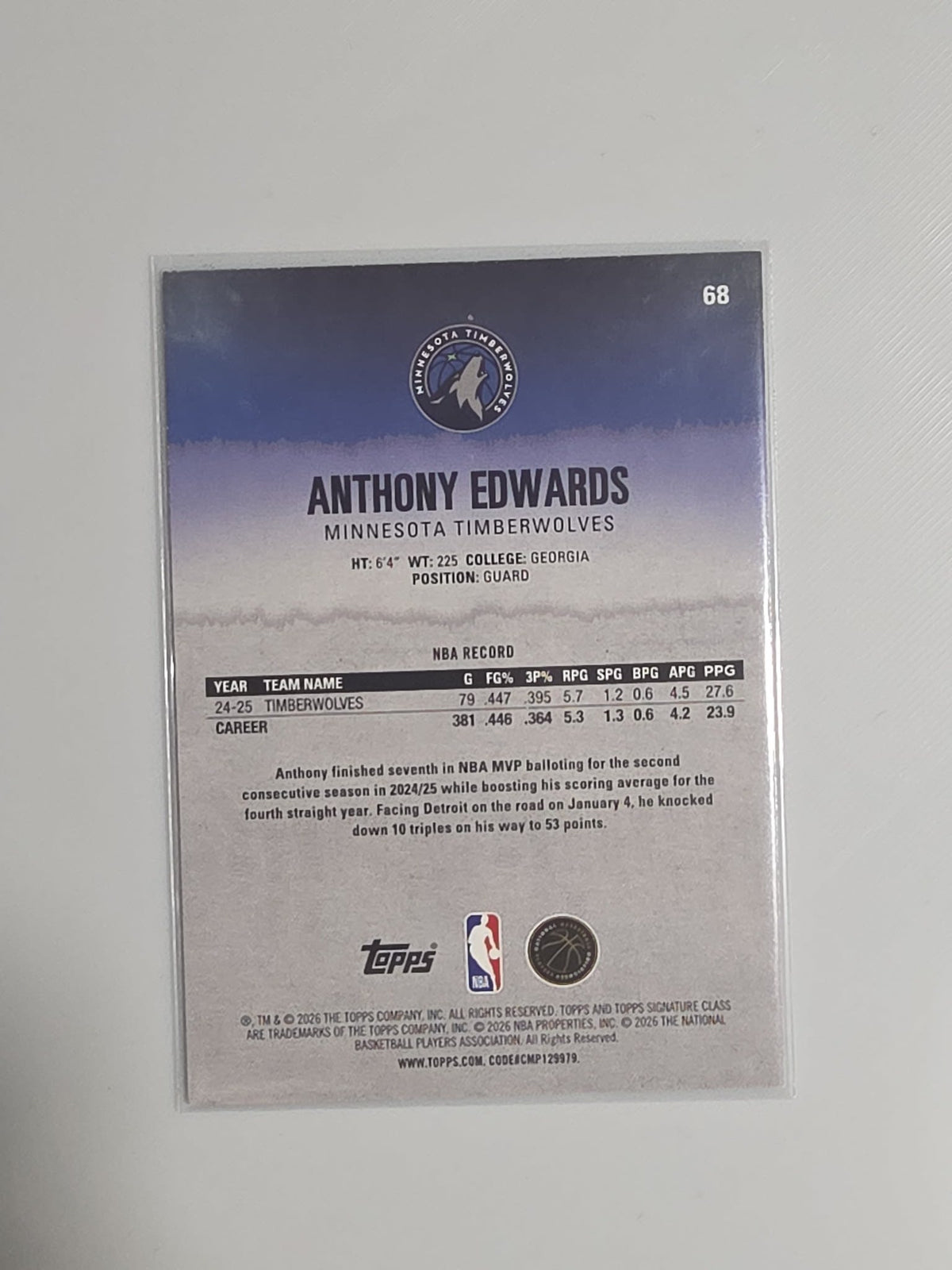 2025-26 Topps Round 1 Pick 1 Anthony Edwards #68 - view 2