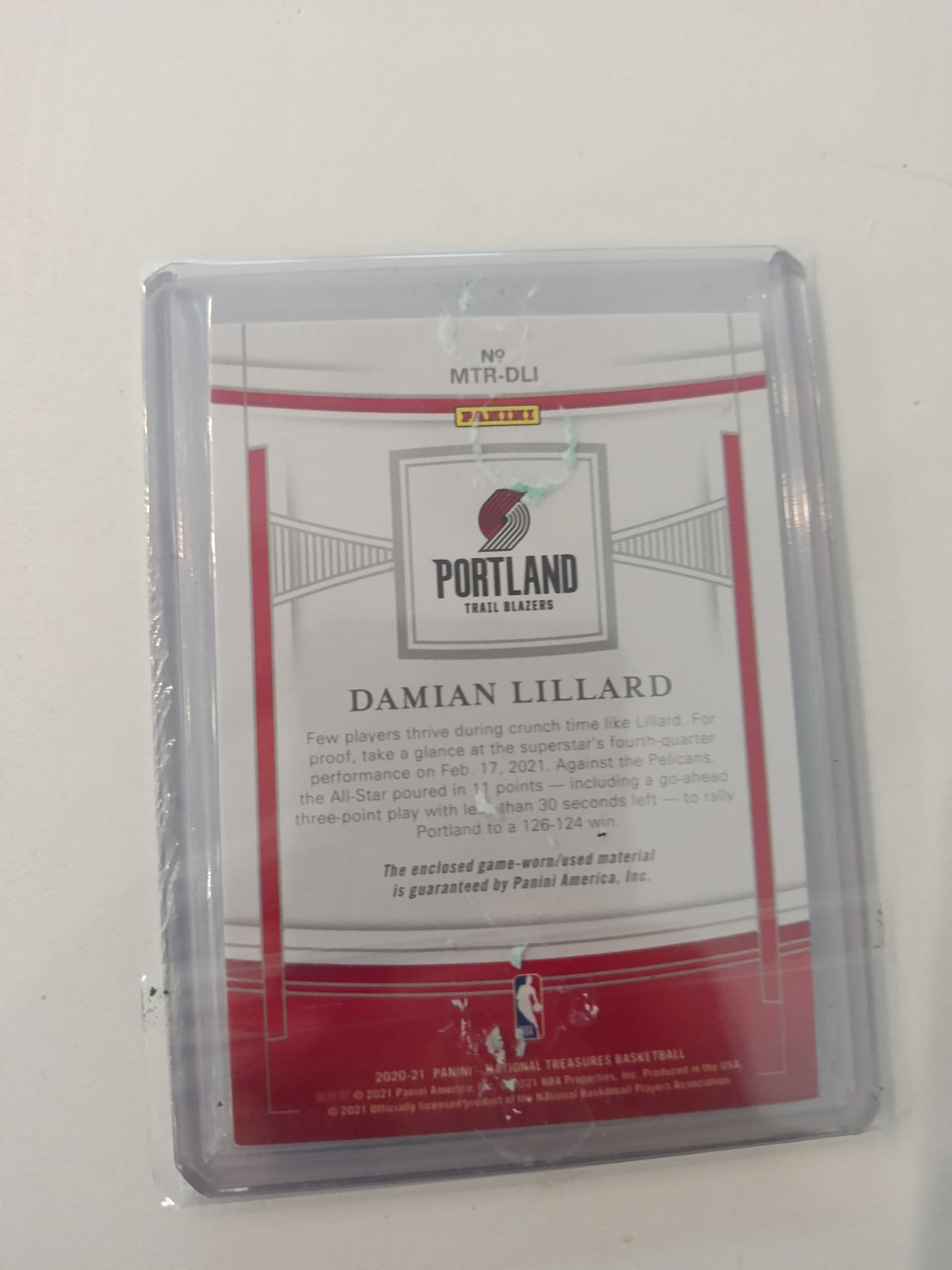 2020-21 Panini National Treasures Material Damian Lillard #MTR-DLI - view 2