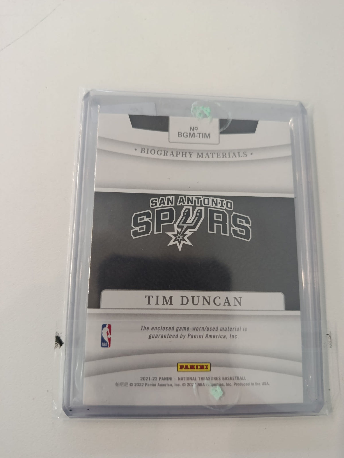 2021-22 Panini National Treasures Biography Materials Tim Duncan #BGM-TIM - view 2