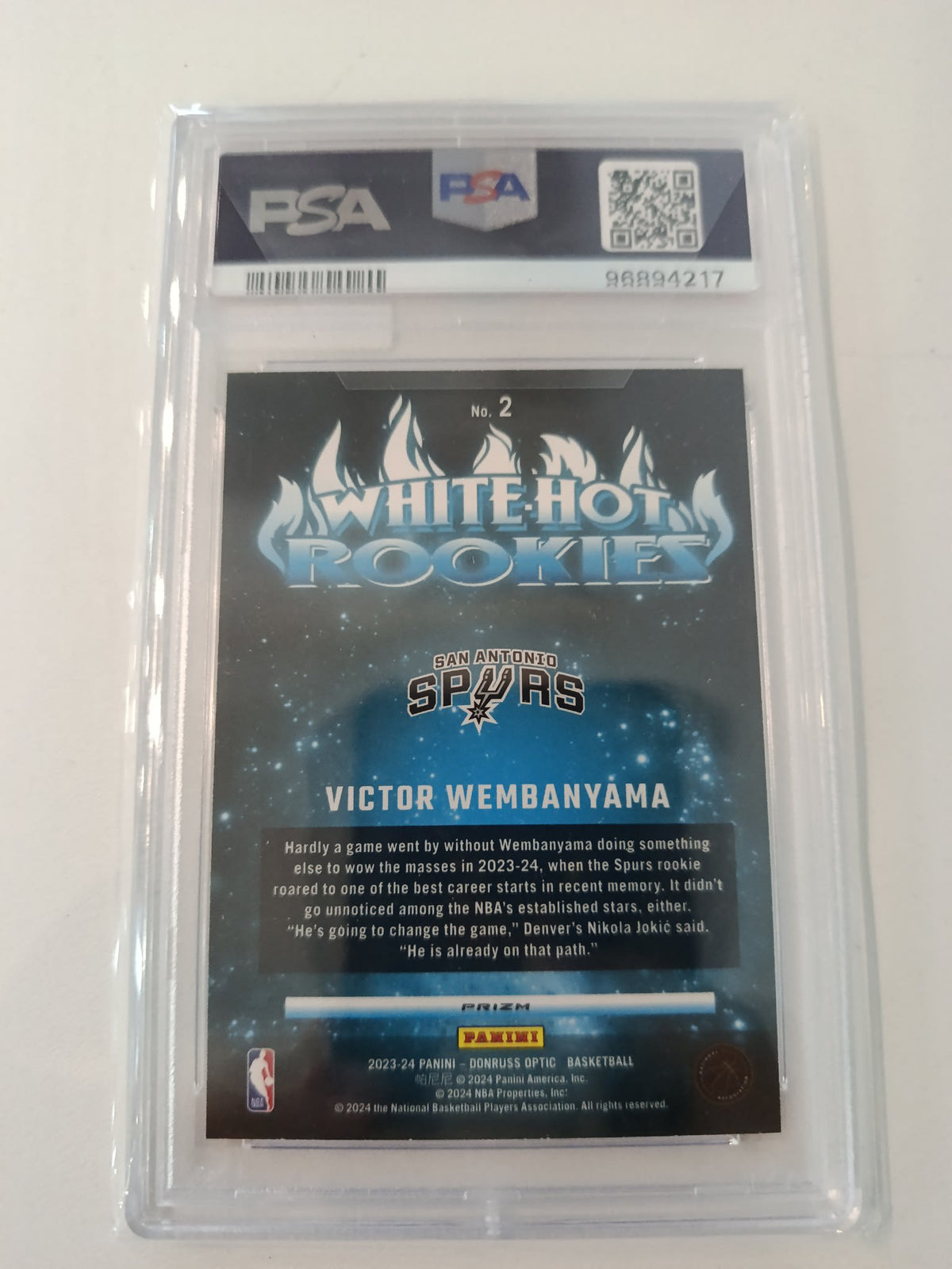 2023 Panini Donruss Optic White Hot Rookies Victor Wembanyama Purple #2 PSA GEM MT 10 - view 2