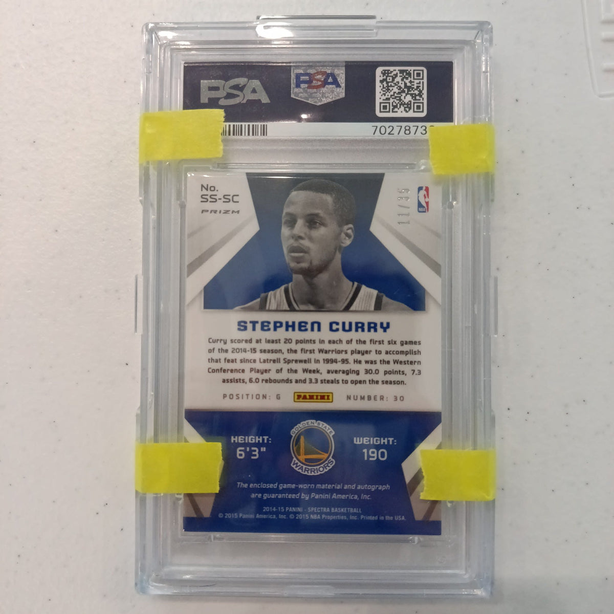 2014 Panini Spectra Spectacular Swatch Sig. Stephen Curry #SS-SC PSA 9 - view 2