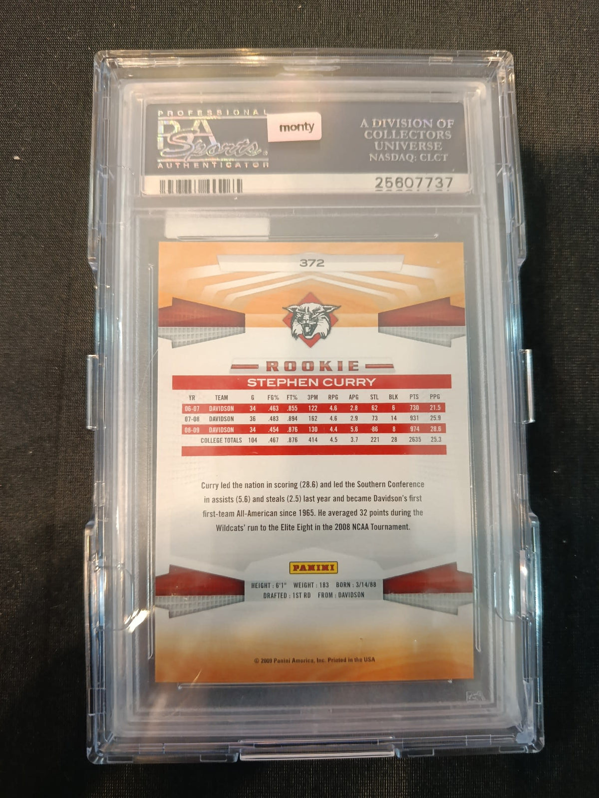 2009 Panini Rookie Stephen Curry #372 PSA 10 - view 2